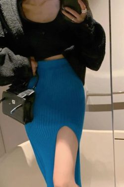 Y2K Retro Corduroy Knitted Split Midi Skirt - Perfect for 90s and Grunge Outfits