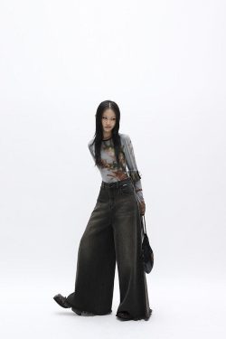 Y2K Retro Dark Wash Distressed Wide Leg Jeans - Perfect for 90s and Grunge Outfits