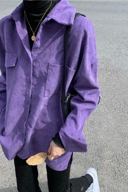 Y2K Retro Indie Purple Corduroy Casual Shirt - Perfect for 90s and Grunge Outfits