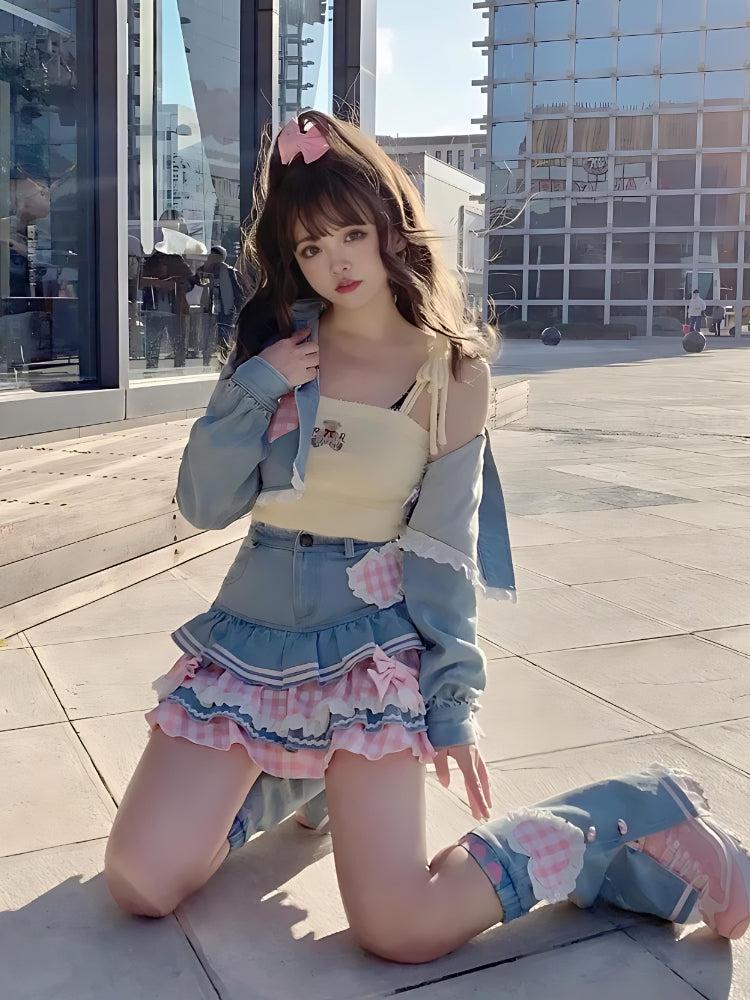 Y2K Retro Kawaii Layered Denim Mini Skirt - Perfect for 90s and Y2K Summer Outfits