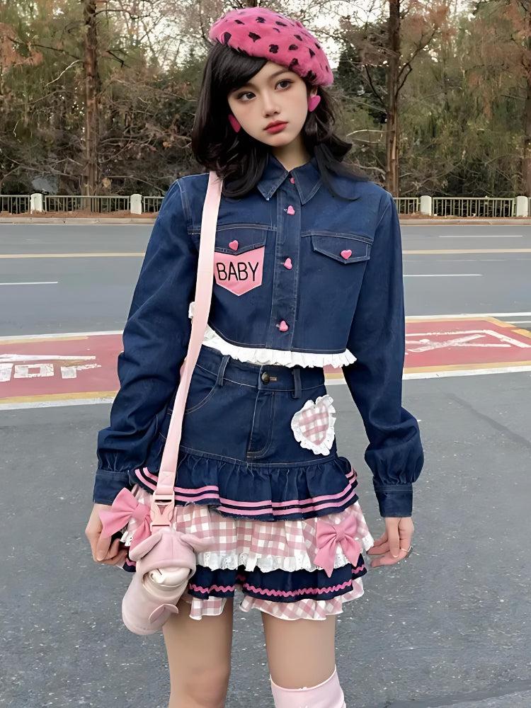 Y2K Retro Kawaii Layered Denim Mini Skirt - Perfect for 90s and Y2K Summer Outfits