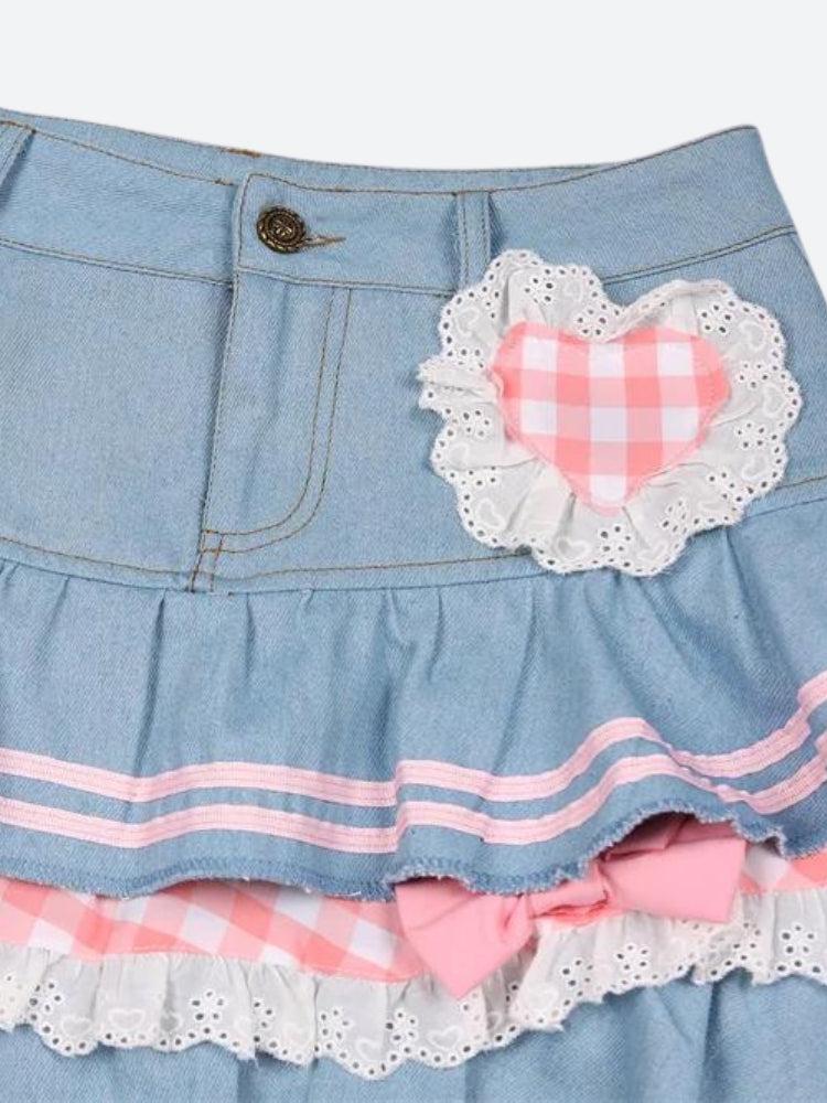 Y2K Retro Kawaii Layered Denim Mini Skirt - Perfect for 90s and Y2K Summer Outfits