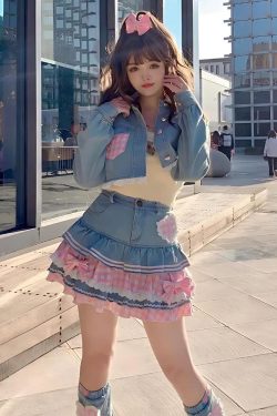 Y2K Retro Kawaii Layered Denim Mini Skirt - Perfect for 90s and Y2K Summer Outfits