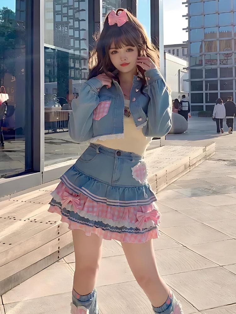 Y2K Retro Kawaii Layered Denim Mini Skirt - Perfect for 90s and Y2K Summer Outfits