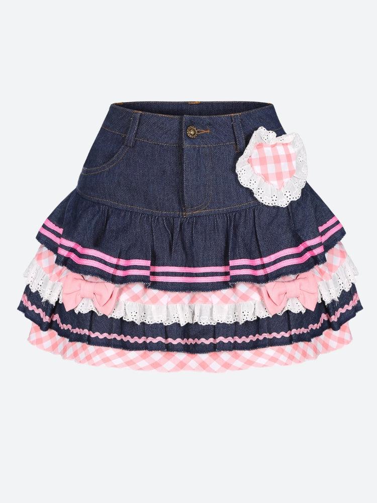 Y2K Retro Kawaii Layered Denim Mini Skirt - Perfect for 90s and Y2K Summer Outfits