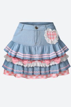 Y2K Retro Kawaii Layered Denim Mini Skirt - Perfect for 90s and Y2K Summer Outfits