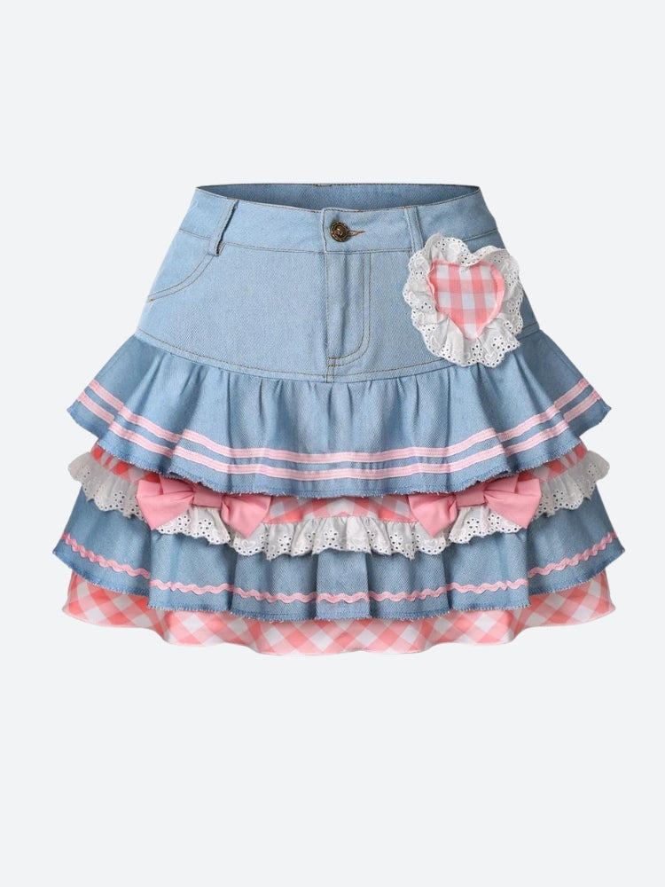 Y2K Retro Kawaii Layered Denim Mini Skirt - Perfect for 90s and Y2K Summer Outfits