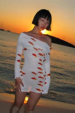 Y2K Retro Koi Fish Printed Mesh Mini Dress - Perfect for 90s and Grunge Outfits