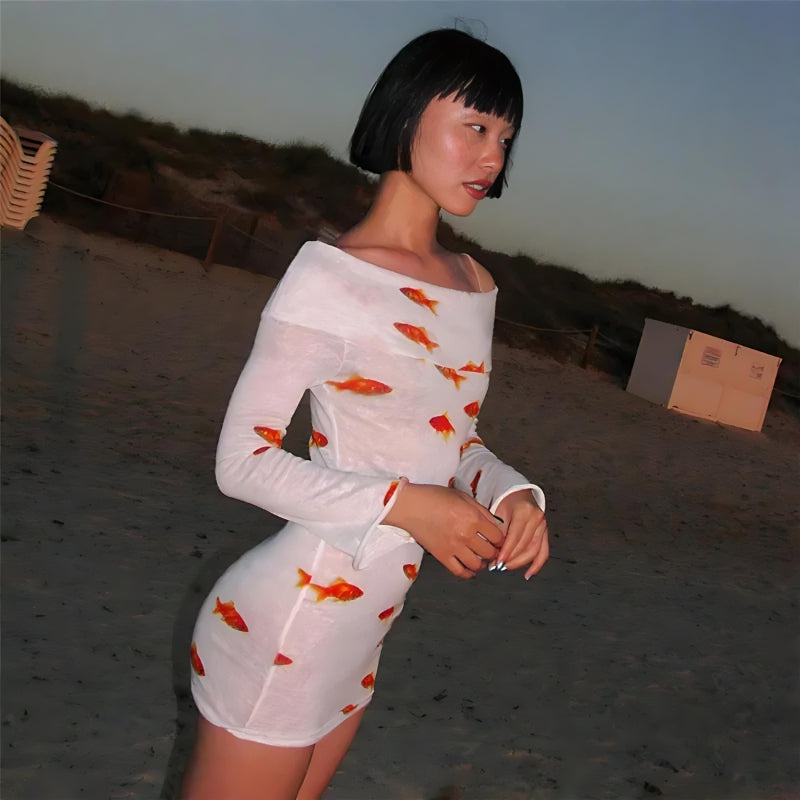 Y2K Retro Koi Fish Printed Mesh Mini Dress - Perfect for 90s and Grunge Outfits Y2K Retro Koi Fish Printed Mesh Mini Dress - Perfect for 90s and Grunge Outfits