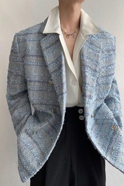 Y2K Retro Lapel Collar Blue Tweed Blazer - Perfect for 90s and Grunge Outfits