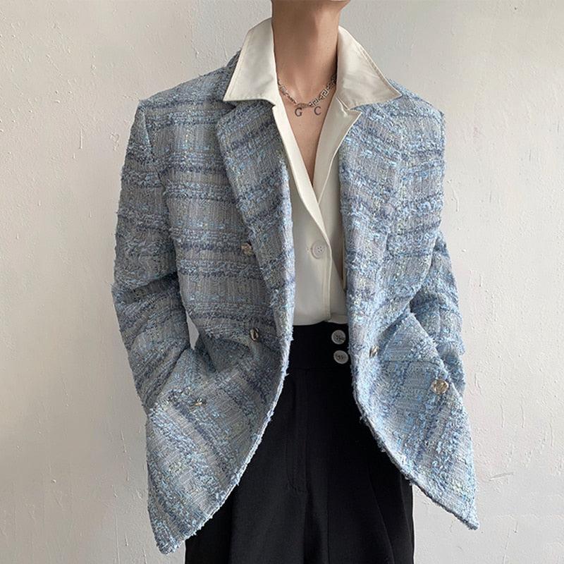 Y2K Retro Lapel Collar Blue Tweed Blazer - Perfect for 90s and Grunge Outfits Y2K Retro Lapel Collar Blue Tweed Blazer - Perfect for 90s and Grunge Outfits