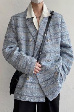 Y2K Retro Lapel Collar Blue Tweed Blazer - Perfect for 90s and Grunge Outfits