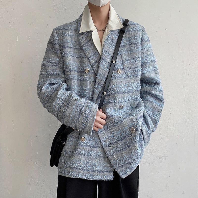 Y2K Retro Lapel Collar Blue Tweed Blazer - Perfect for 90s and Grunge Outfits Y2K Retro Lapel Collar Blue Tweed Blazer - Perfect for 90s and Grunge Outfits