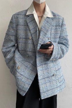 Y2K Retro Lapel Collar Blue Tweed Blazer - Perfect for 90s and Grunge Outfits