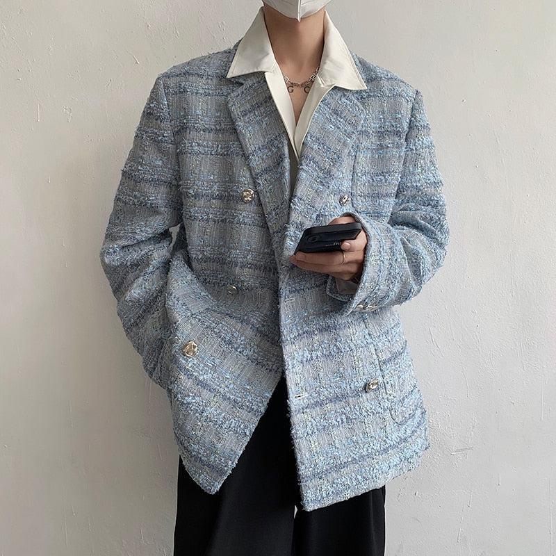 Y2K Retro Lapel Collar Blue Tweed Blazer - Perfect for 90s and Grunge Outfits Y2K Retro Lapel Collar Blue Tweed Blazer - Perfect for 90s and Grunge Outfits
