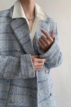 Y2K Retro Lapel Collar Blue Tweed Blazer - Perfect for 90s and Grunge Outfits
