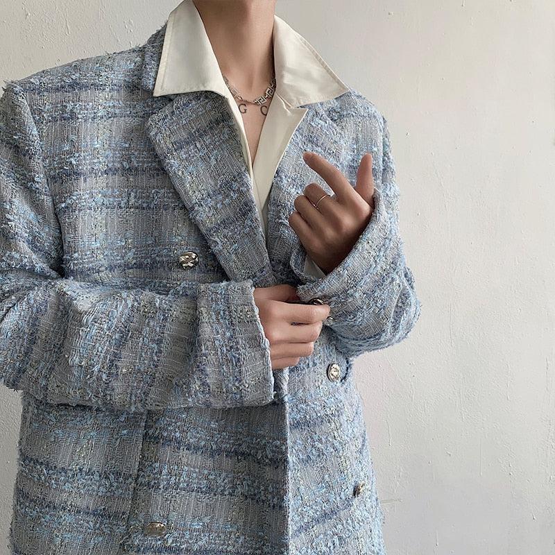Y2K Retro Lapel Collar Blue Tweed Blazer - Perfect for 90s and Grunge Outfits Y2K Retro Lapel Collar Blue Tweed Blazer - Perfect for 90s and Grunge Outfits