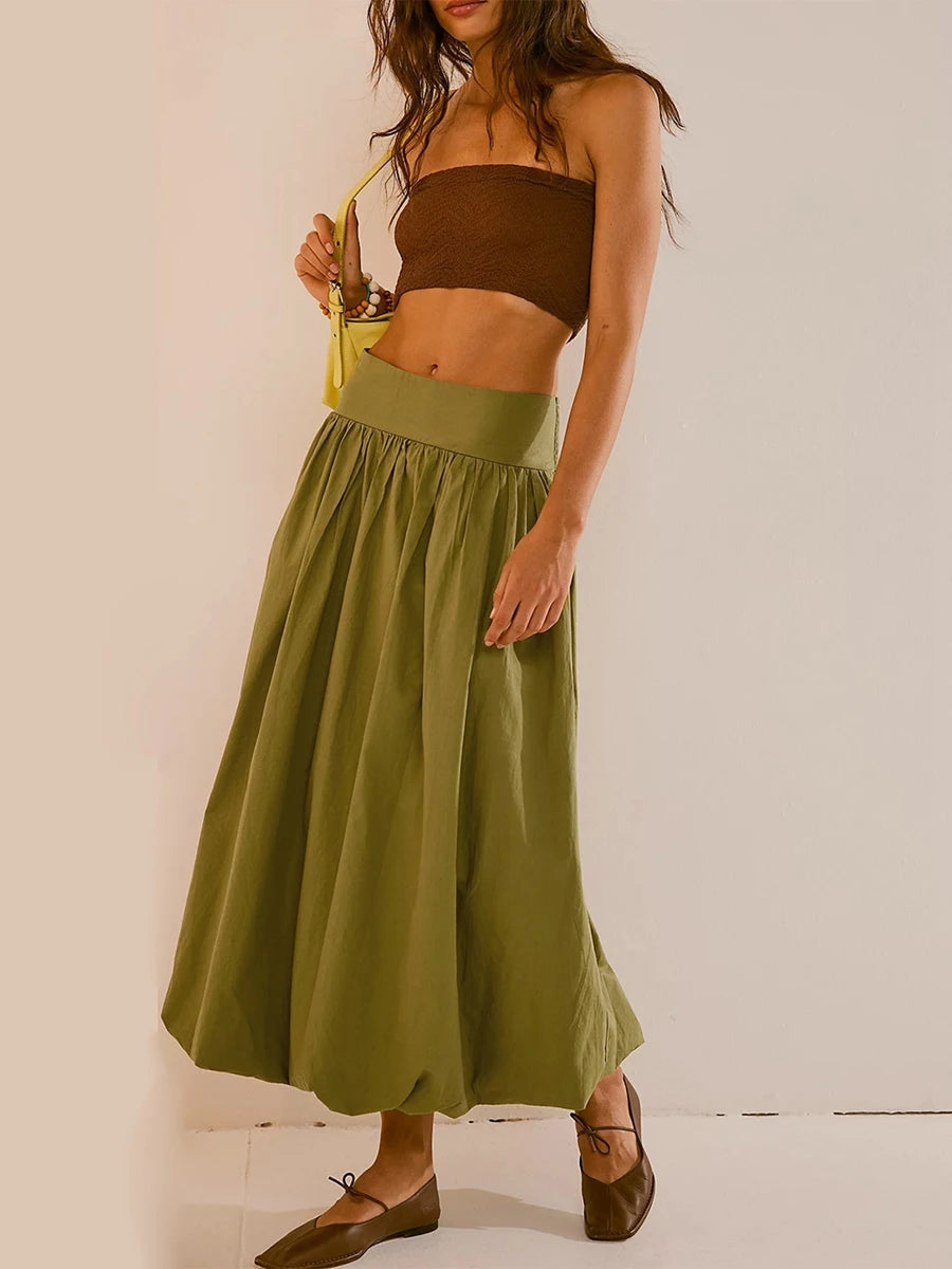 Y2K Retro Ruched Bubble Hem Midi Skirt - Perfect for 90s and Grunge Outfits
