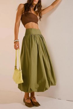 Y2K Retro Ruched Bubble Hem Midi Skirt - Perfect for 90s and Grunge Outfits
