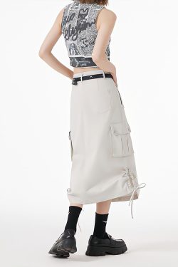Y2K Retro Slit & String Detailed Cargo Midi Skirt - Perfect for 90s Grunge Outfits