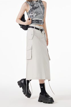 Y2K Retro Slit & String Detailed Cargo Midi Skirt - Perfect for 90s Grunge Outfits