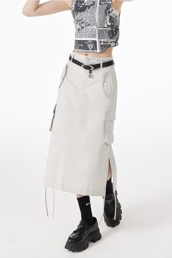 Y2K Retro Slit & String Detailed Cargo Midi Skirt - Perfect for 90s Grunge Outfits