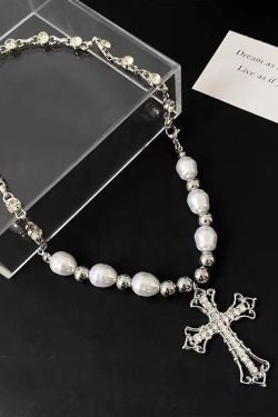 Y2K Retro Style Cross Pearl Necklace - Perfect for 90s and Grunge Outfits
