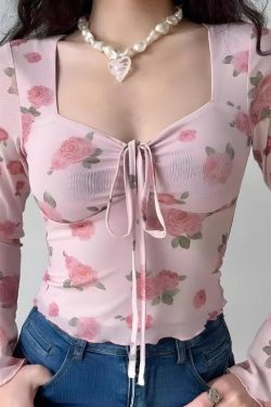 Y2K Rose Garden Mesh Top - Soft Girl Retro Style 90s Fashion