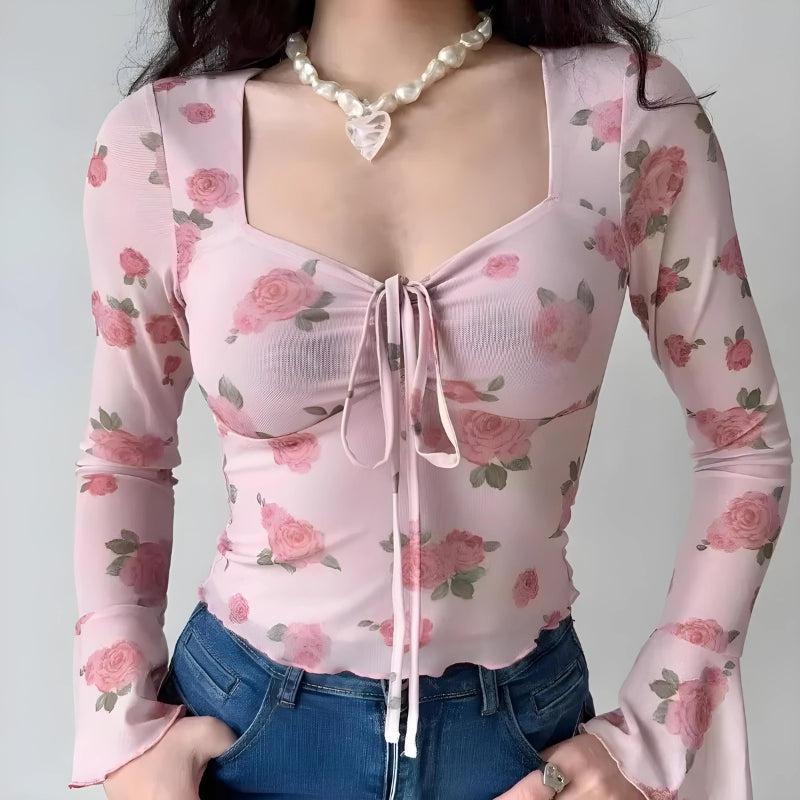 Y2K Rose Garden Mesh Top - Soft Girl Retro Style 90s Fashion Y2K Rose Garden Mesh Top - Soft Girl Retro Style 90s Fashion