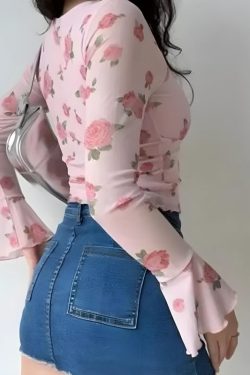 Y2K Rose Garden Mesh Top - Soft Girl Retro Style 90s Fashion
