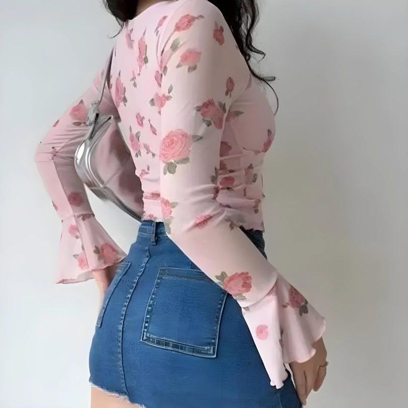 Y2K Rose Garden Mesh Top - Soft Girl Retro Style 90s Fashion Y2K Rose Garden Mesh Top - Soft Girl Retro Style 90s Fashion