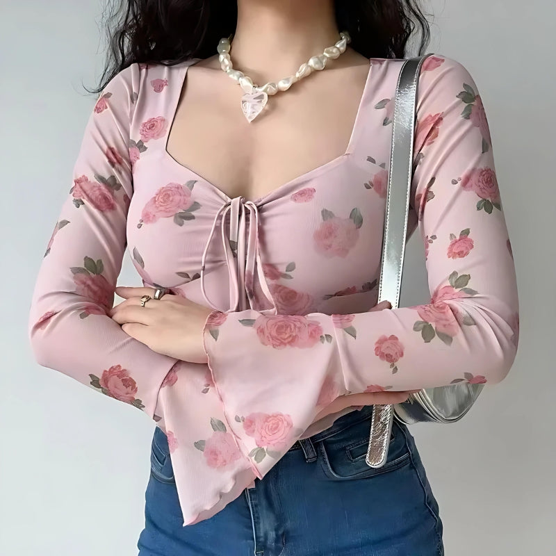 Y2K Rose Garden Mesh Top - Soft Girl Retro Style 90s Fashion Y2K Rose Garden Mesh Top - Soft Girl Retro Style 90s Fashion