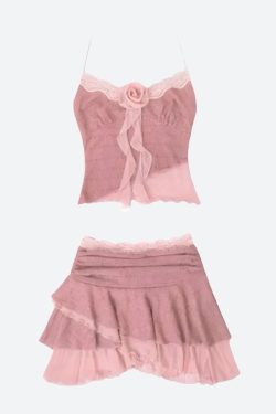 Y2K Soft Girl Rose Top & Mini Skirt Set - Retro 90s Summer Outfit