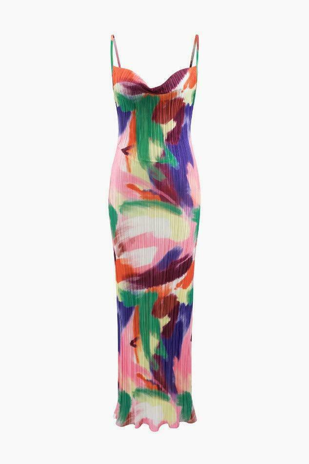 Abstract Cowl Neck Plisse Maxi Dress in Y2K Fashion Aesthetic Abstract Cowl Neck Plisse Maxi Dress in Y2K Fashion Aesthetic