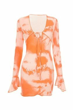 Abstract Print Flared Sleeve Tie Dress - Y2K Fashion Coquette Aesthetic Grunge Style
