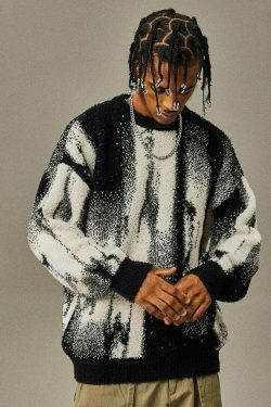 Abstract Print Knitted Sweater - Y2K Aesthetic Coquette Style - Grunge Fashion & Pastel Goth Vibes