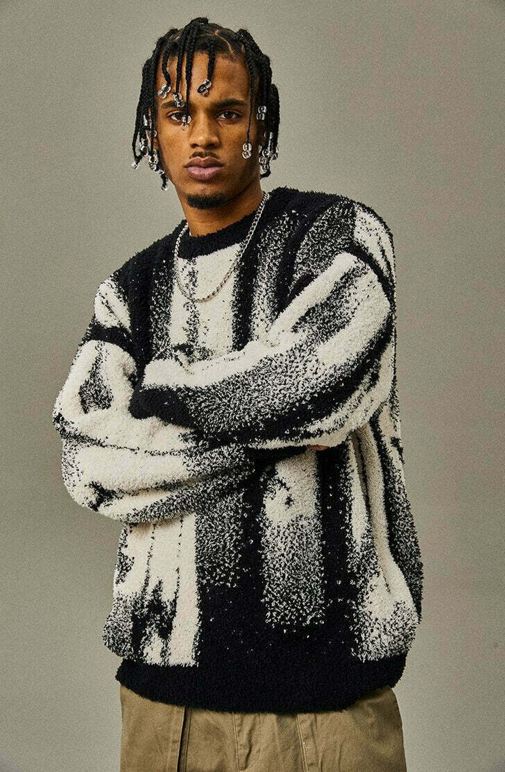 Abstract Print Knitted Sweater - Y2K Aesthetic Coquette Style - Grunge Fashion & Pastel Goth Vibes Abstract Print Knitted Sweater - Y2K Aesthetic Coquette Style - Grunge Fashion & Pastel Goth Vibes