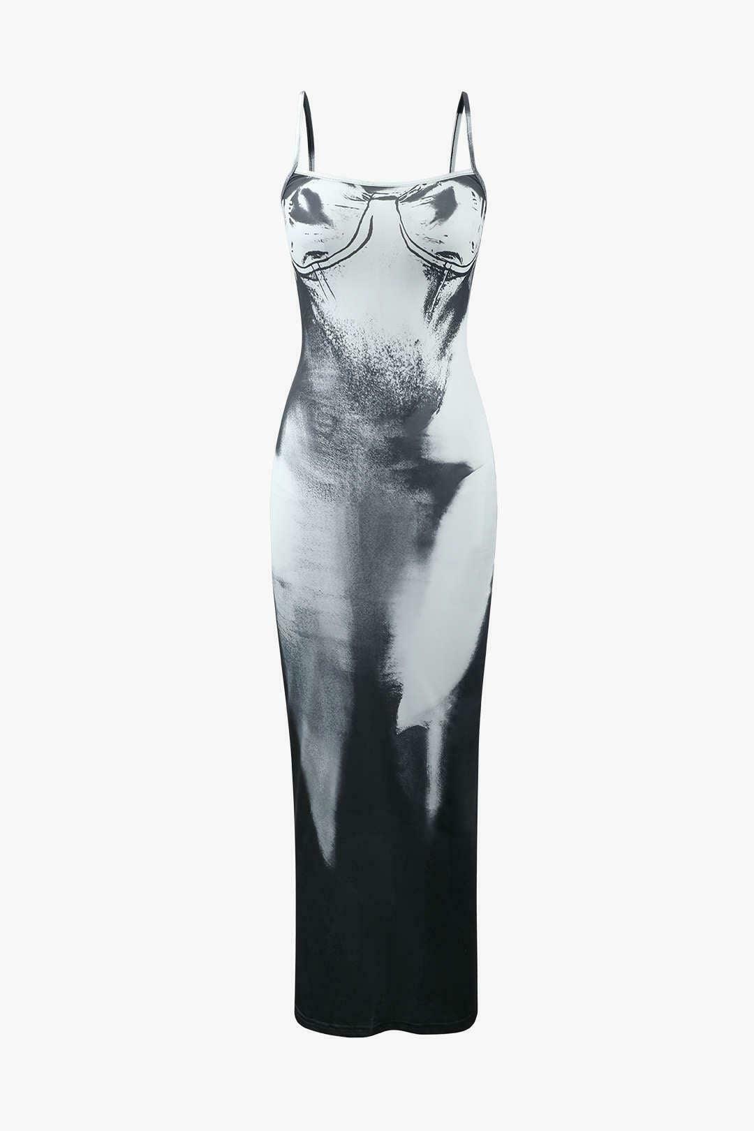 Abstract Print Maxi Dress with Back Slit - Y2K Fashion for Women, Coquette Aesthetic, Grunge Style Abstract Print Maxi Dress with Back Slit - Y2K Fashion for Women, Coquette Aesthetic, Grunge Style