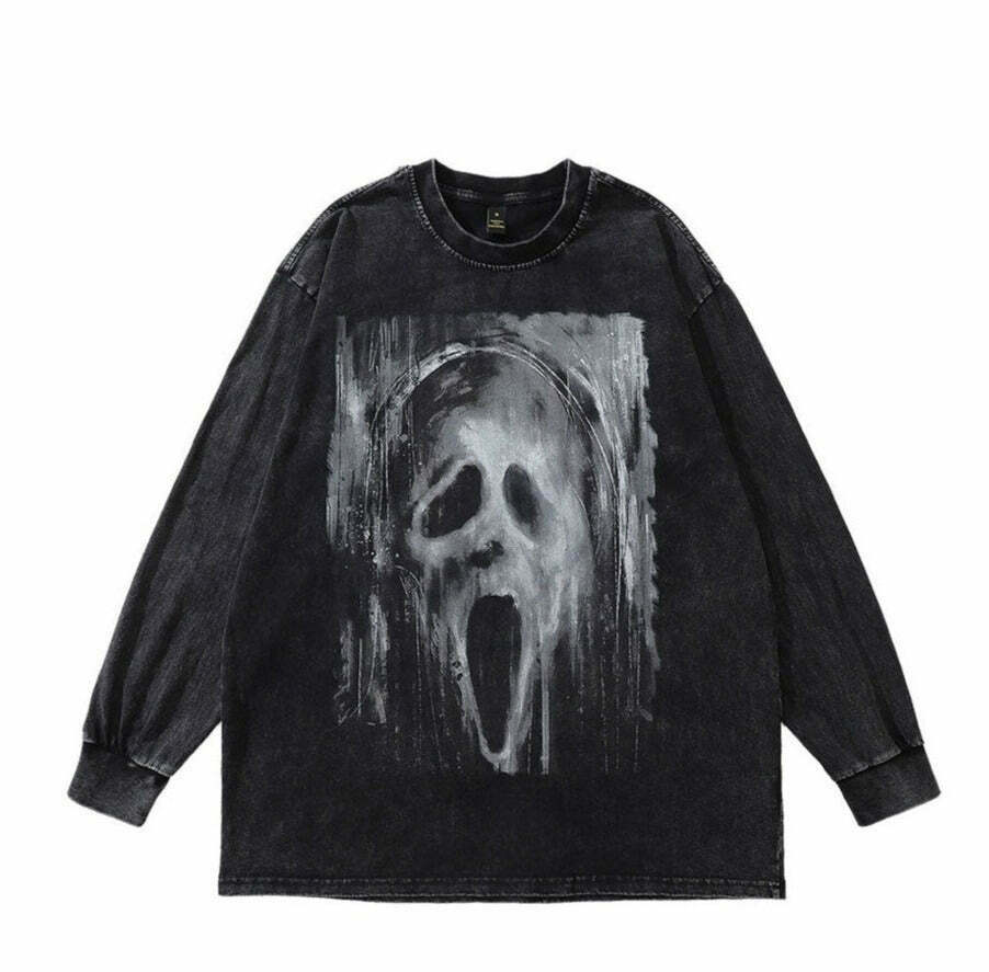 Acid Washed Graphic Long Sleeve T-Shirt: Y2K Fashion with Coquette Aesthetic, Grunge Style, Acid Washed Graphic Long Sleeve T-Shirt: Y2K Fashion with Coquette Aesthetic, Grunge Style,