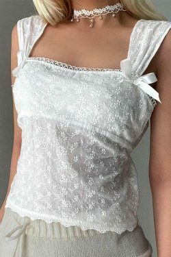 Aesthetic Embroidered Bow Lace Tank: Y2K Coquette Grunge Style