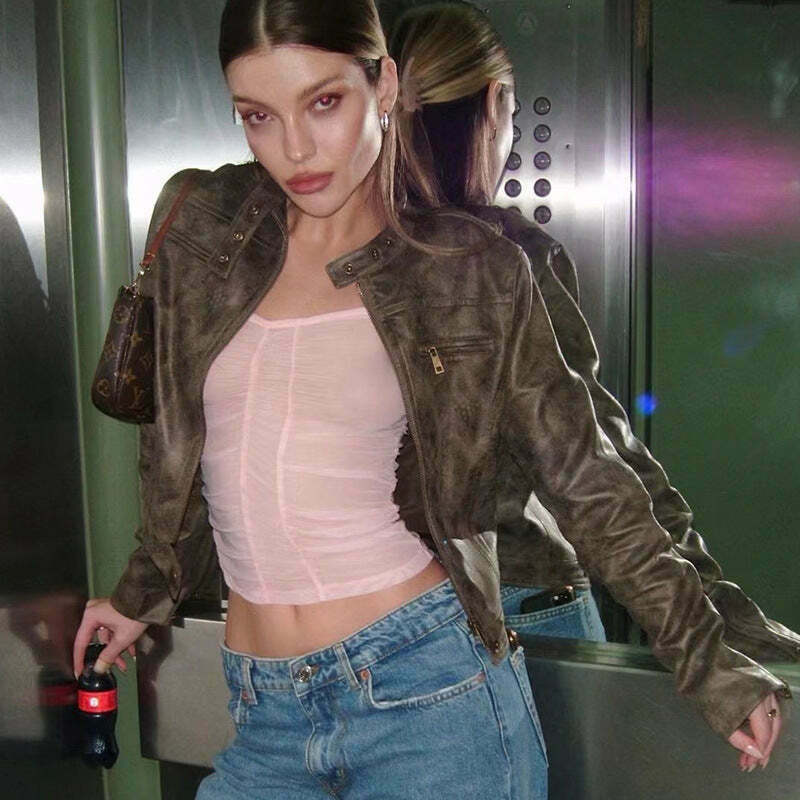 American Retro Distressed PU Leather Short Jacket - Y2K Fashion Statement Piece