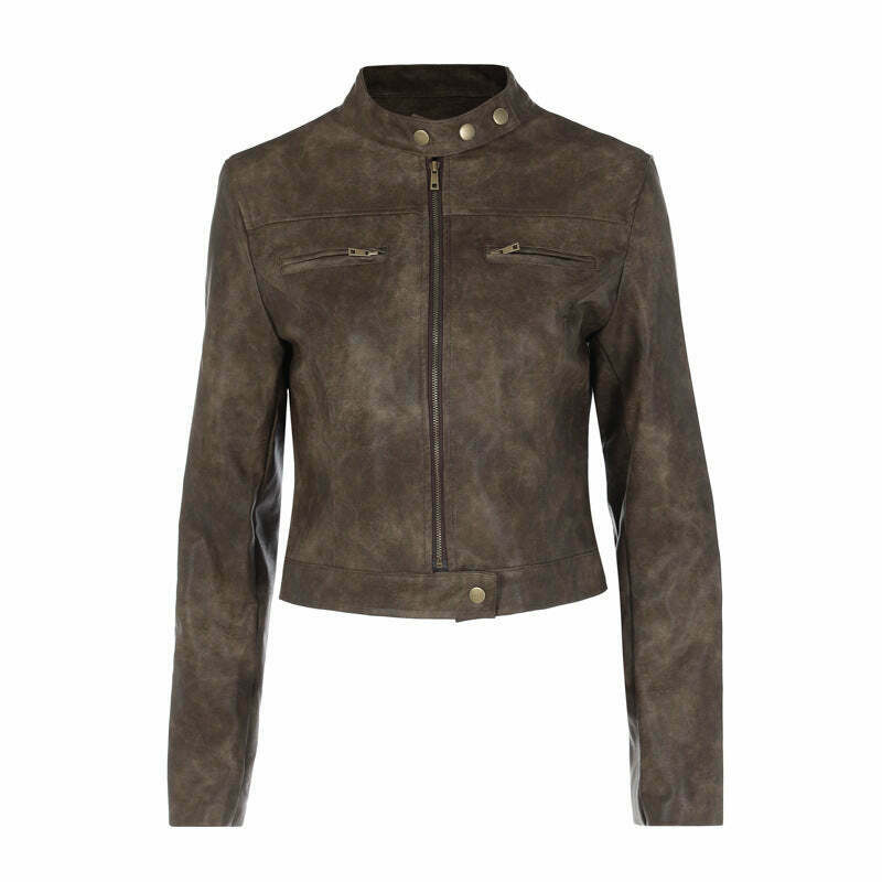 American Retro Distressed PU Leather Short Jacket - Y2K Fashion Statement Piece
