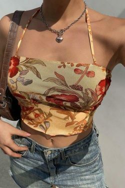 Angelic Floral Print Halter Top for Y2K Fashion Enthusiasts with Coquette and Grunge Aesthetic Vibe