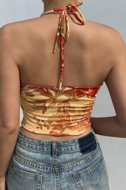 Angelic Floral Print Halter Top for Y2K Fashion Enthusiasts with Coquette and Grunge Aesthetic Vibe