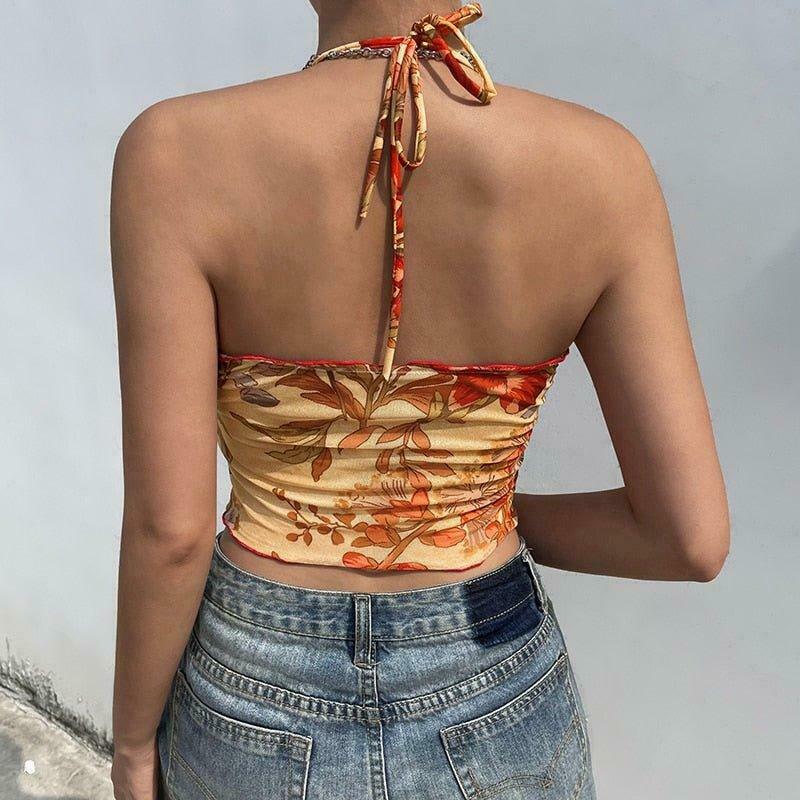 Angelic Floral Print Halter Top for Y2K Fashion Enthusiasts with Coquette and Grunge Aesthetic Vibe Angelic Floral Print Halter Top for Y2K Fashion Enthusiasts with Coquette and Grunge Aesthetic Vibe