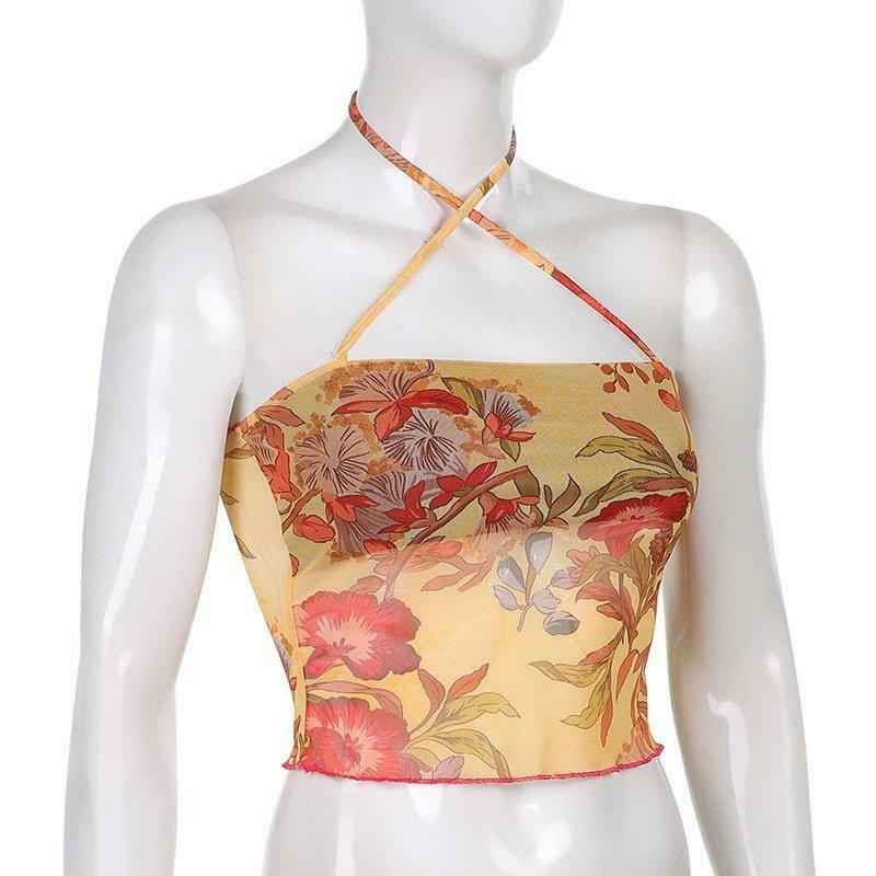 Angelic Floral Print Halter Top for Y2K Fashion Enthusiasts with Coquette and Grunge Aesthetic Vibe Angelic Floral Print Halter Top for Y2K Fashion Enthusiasts with Coquette and Grunge Aesthetic Vibe