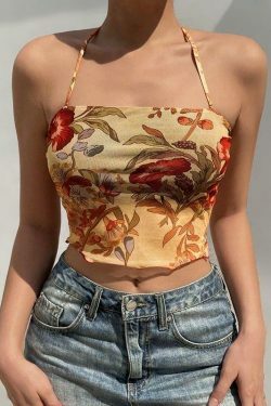 Angelic Floral Print Halter Top for Y2K Fashion Enthusiasts with Coquette and Grunge Aesthetic Vibe