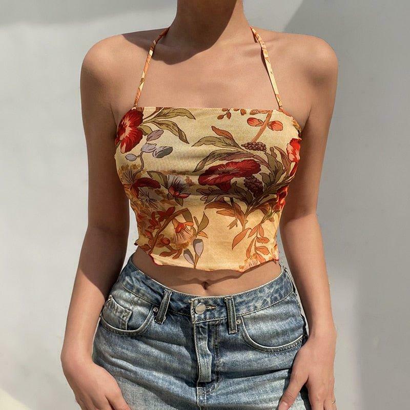 Angelic Floral Print Halter Top for Y2K Fashion Enthusiasts with Coquette and Grunge Aesthetic Vibe Angelic Floral Print Halter Top for Y2K Fashion Enthusiasts with Coquette and Grunge Aesthetic Vibe