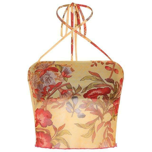 Angelic Floral Print Halter Top for Y2K Fashion Enthusiasts with Coquette and Grunge Aesthetic Vibe Angelic Floral Print Halter Top for Y2K Fashion Enthusiasts with Coquette and Grunge Aesthetic Vibe