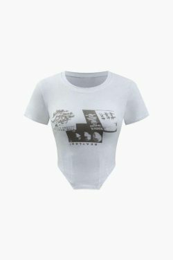 Beatles Asymmetric Crop Tee - Y2K Fashion Statement with Coquette Aesthetic and Grunge Style Vibe
